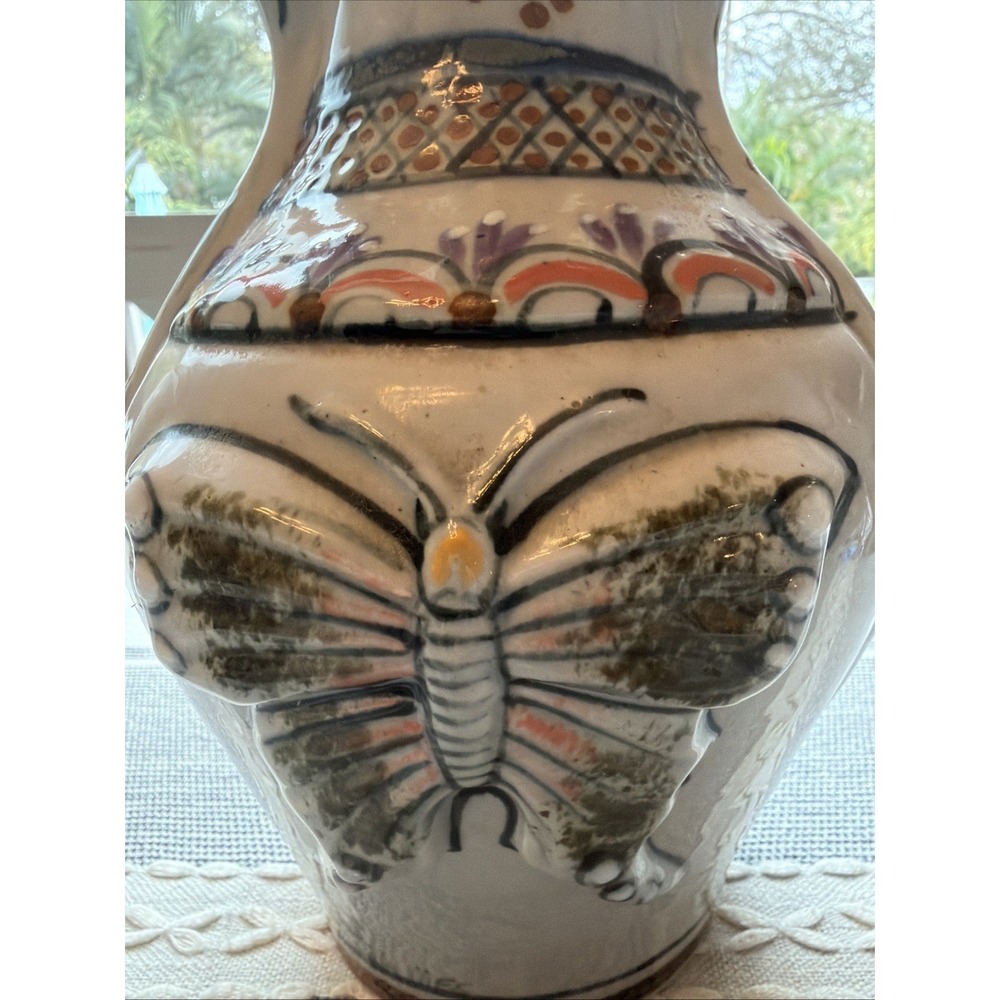 Erandi Tonala Mexico Vintage Vase Raised Butterfly Design Bird Handles 14"